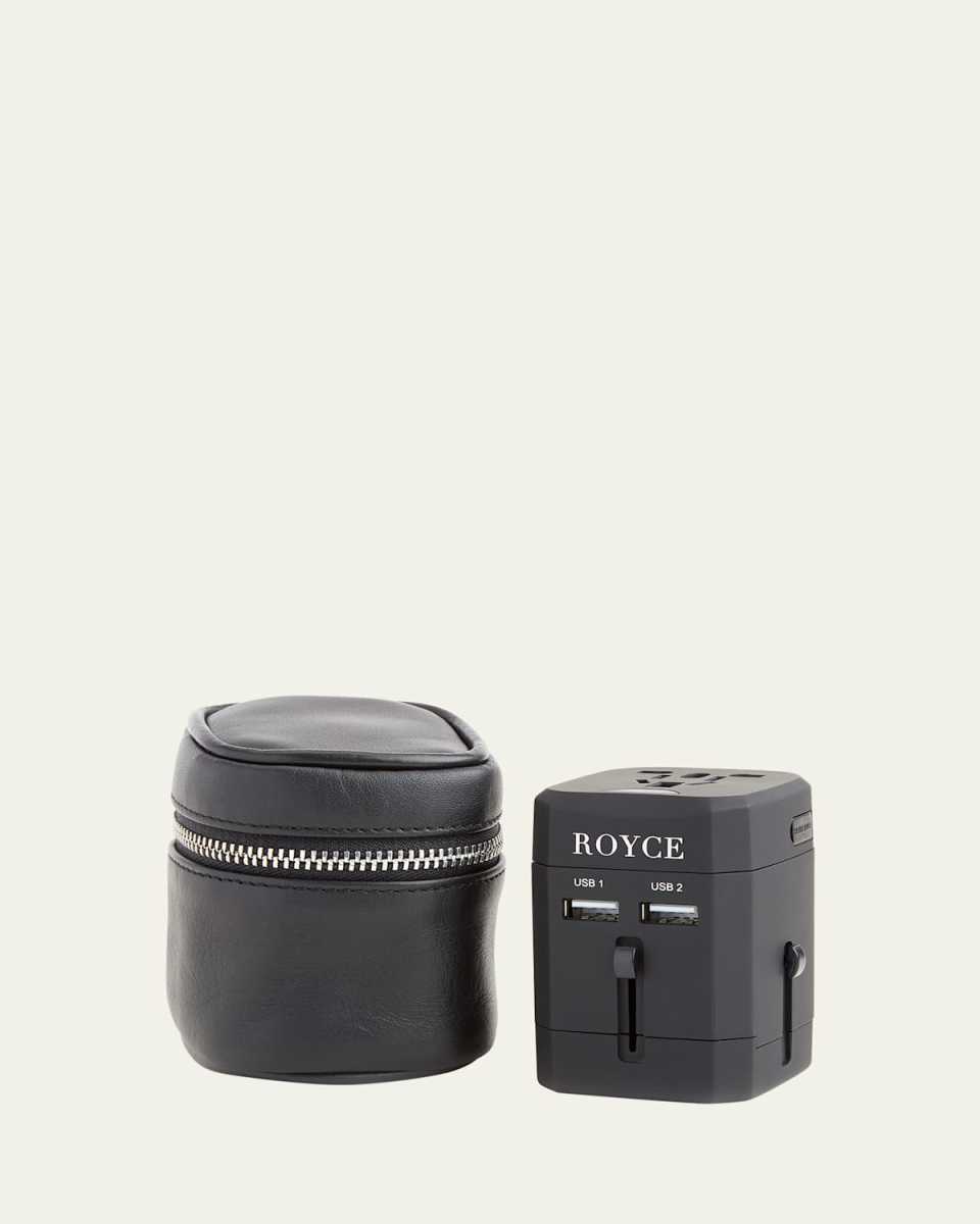 International Travel Adapter & Monogrammed Leather Case Set